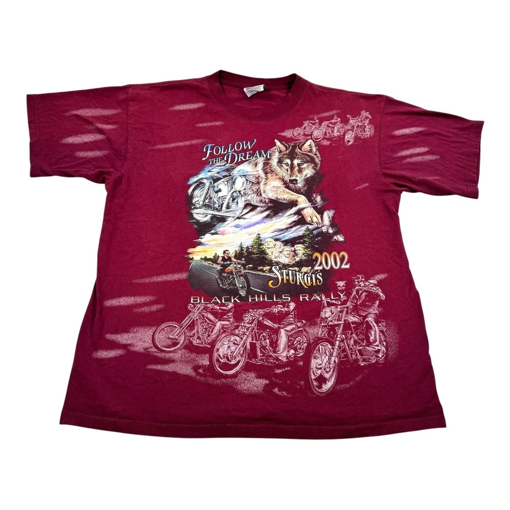 Vintage Sturgis Shirt Mens 2XL Red Black Hills Rally Wolf Eagle 2002 Tee AOP